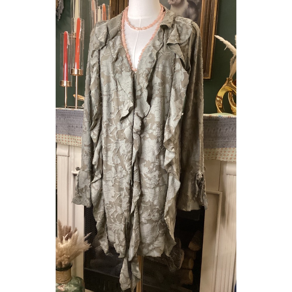 Boohoo Green Khaki Jacquard Floral Ruffle Mini Dress US 10 Long Bell Sleeve